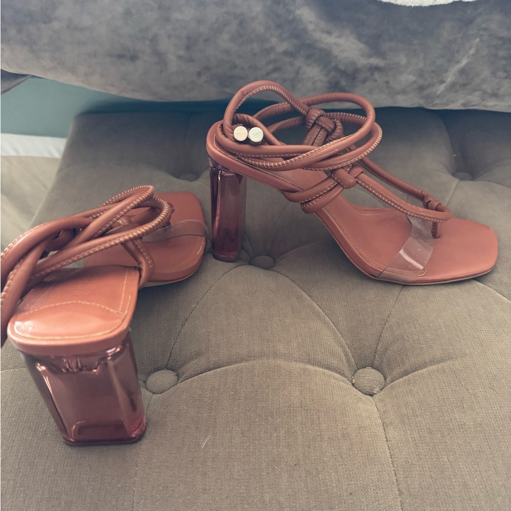 SCHUTZ  SIENA Caramel Leather Strap Clear Heel 9